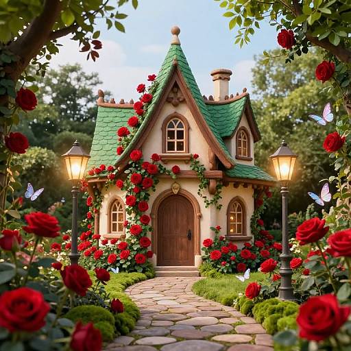 Enchanting fairy-tale cottage with green roof, arched windows, and red roses, illuminated by lanterns, surrounded by lush garden and vibrant
