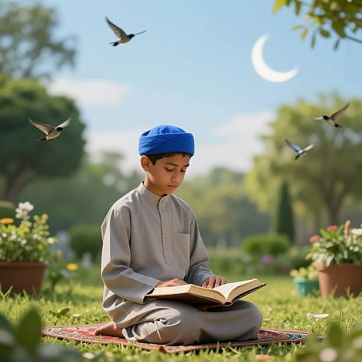 Muslim Boy Reciting Quran in Garden