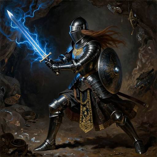 Digital fantasy artwork of a knight in dark, ornate armor with a glowing blue sword, holding a shield in a dim, rocky cave.