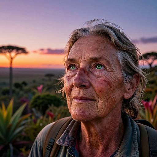 Photograph of an elderly woman with gray hair, green eyes, and freckled skin, standing outdoors at sunset, wearing a denim shirt. Background