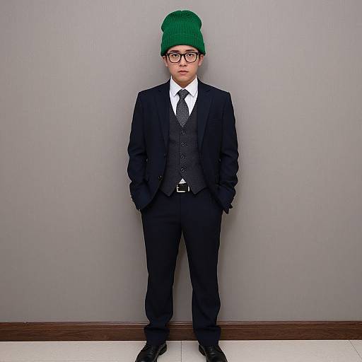 Photograph of a young man with glasses, green knit beanie, black suit, white shirt, black tie, and black shoes, standing against a