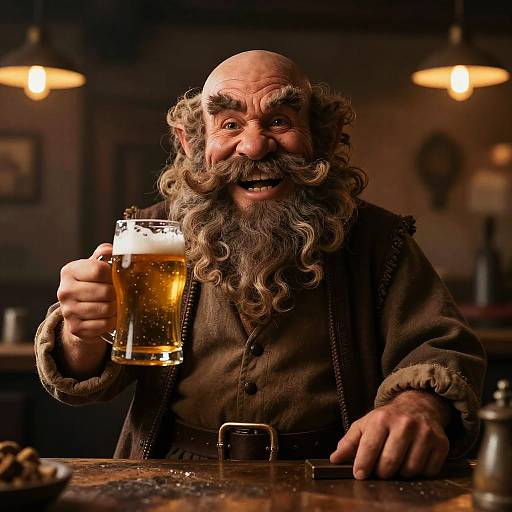 Photograph of a smiling, elderly, bald man with a long, curly beard, holding a frothy beer mug in a dimly-lit,