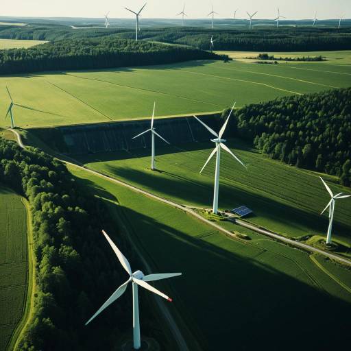 Wind turbines and solar panels near dam in green rural landscape