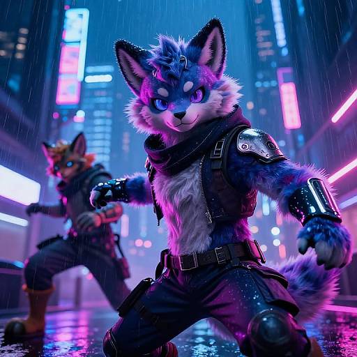 Digitally drawn, neon-lit, cyberpunk city scene featuring two anthropomorphic, blue-furred wolves in tactical gear, fighting in the rain,