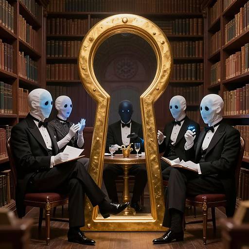 Photograph of four masked men in tuxedos, seated in a library, behind a large, illuminated golden keyhole backdrop. Discussing chess