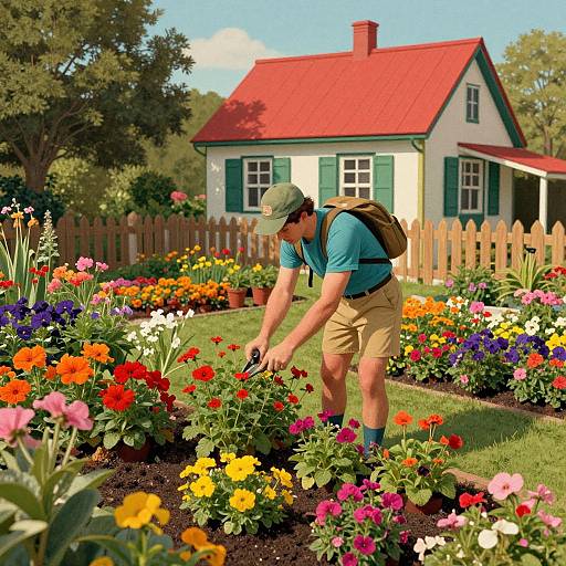 Retro Garden with Man Gardening