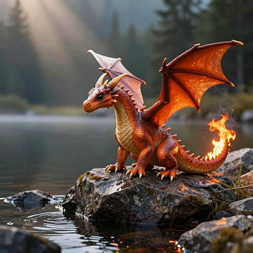 Realistic Small Dragon at Alpine Lake