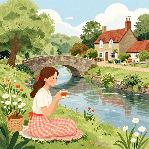 Digital illustration of a young woman with brown hair in a red bow, white shirt, and red-checkered skirt, sitting by a river, holding a