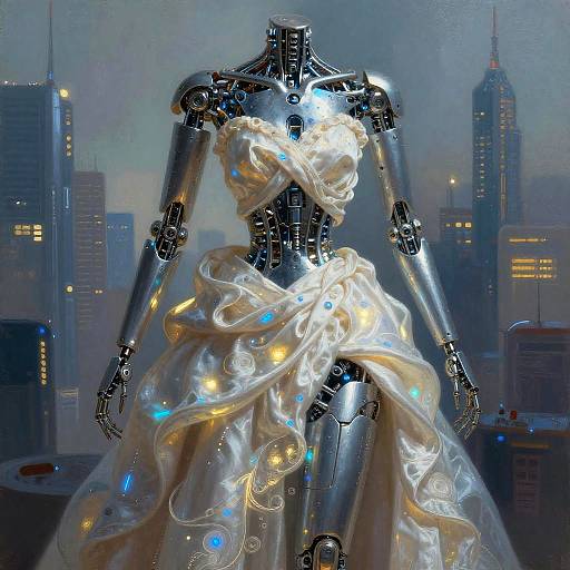 Digital artwork of a metallic humanoid figure with glowing blue and yellow accents, draped in a translucent, swirling white fabric, set against a nighttime cityscape with
