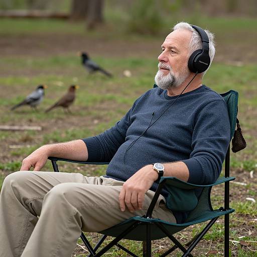 Photograph of an older white man with white beard and headphones, wearing black sweater and beige pants, sitting in a green folding chair in a grassy