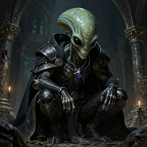 CGI image of a green, alien-like creature with a large, textured head, wearing dark, metallic armor and a black cloak, crouching