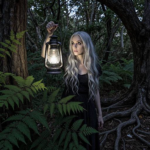 Photograph of a pale, long-haired woman in black dress holding a glowing lantern in a dark, dense forest with ferns and roots.