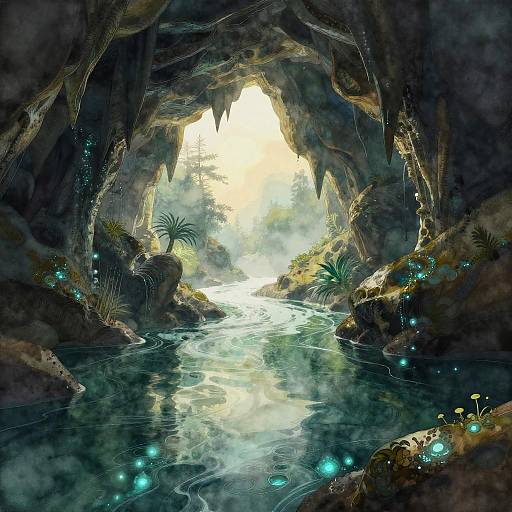 Glowing Bioluminescent Underground River