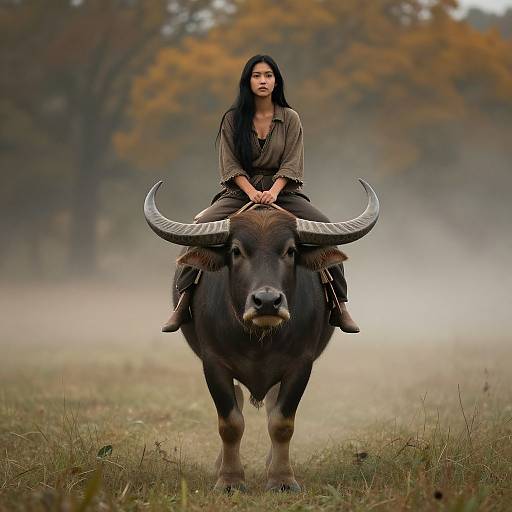 Photograph of an Asian woman with long black hair, wearing a loose brown shirt, riding a large black water buffalo with curved horns in a misty