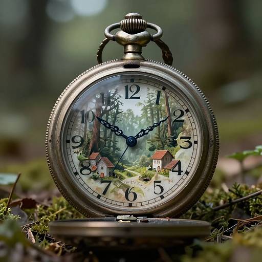Photograph of a vintage silver pocket watch with a forest scene featuring red-roofed houses and trees on its face, resting on mossy ground.