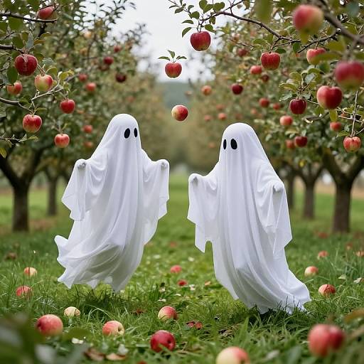 Photograph of two white ghostly figures with black eyes standing in an apple orchard, surrounded by red and yellow apples.