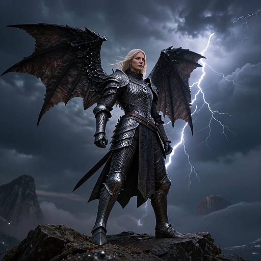Digital artwork of a blonde, armored, demon-winged warrior standing on a rock, lightning illuminating dark stormy sky, mountains in background.