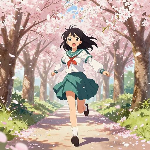 Anime Girl Running in Cherry Blossom Forest