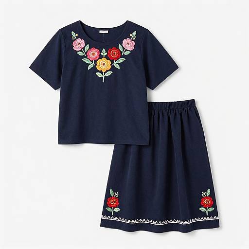Embroidered Roses Top and Skirt