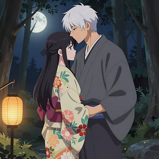 Anime Couple in Traditional Kimono at Night