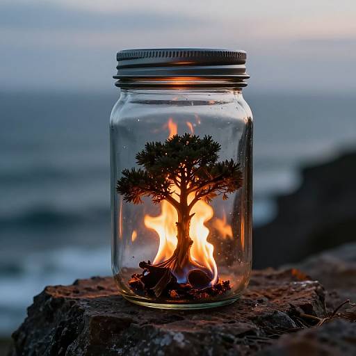 Burning Tree in Glass Jar on Cliff