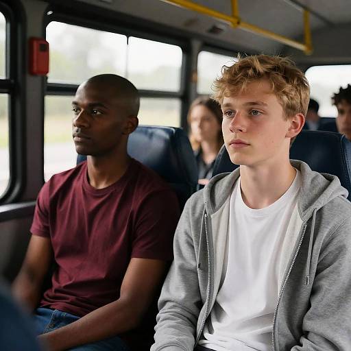 Two young men sitting on a bus