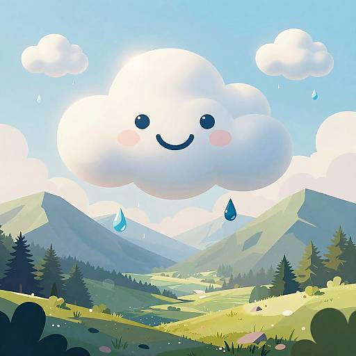 Digital illustration of a smiling white cloud with blush cheeks and blue raindrops, floating above a vibrant mountain valley with green trees and bright sunlight.