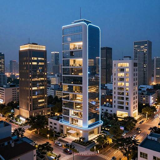 Photograph of a cityscape at dusk featuring a glowing, modern high-rise building with blue neon accents, surrounded by illuminated skyscrapers and busy streets