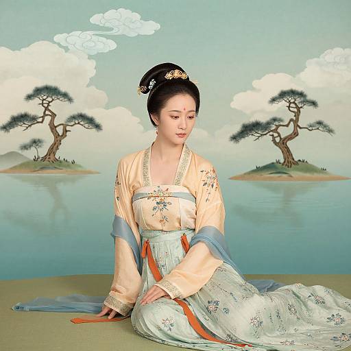 Digital illustration of an East Asian woman in traditional kimono, sitting by a serene lake with clouded sky and distant trees.