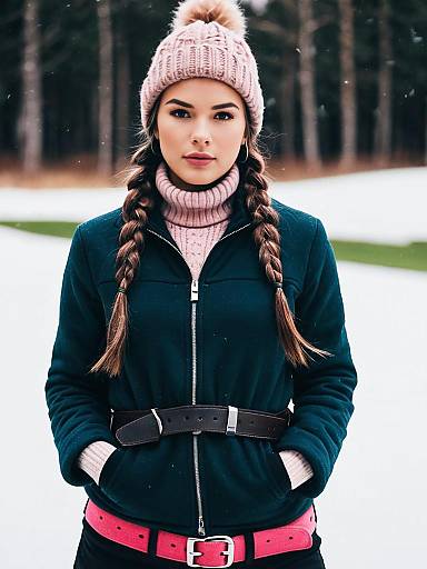 Woman in Winter Golf Outfit with Twin Braids