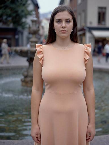 Photograph of a young woman with long dark hair, wearing a peach, ruffled sleeve dress, standing in a blurred European town square with a fountain