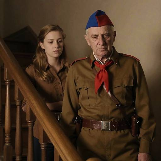 Old Man and Woman on Wooden Staircase