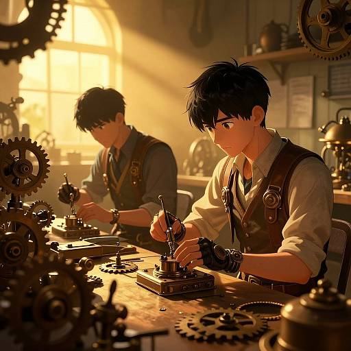Digital anime-style artwork of two young men in a dimly lit, sunlit workshop, repairing intricate clockwork machinery with gears scattered around.