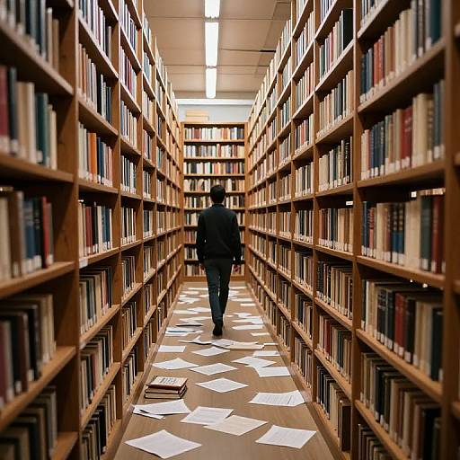 Endless Library Aisle with Solitary Figure