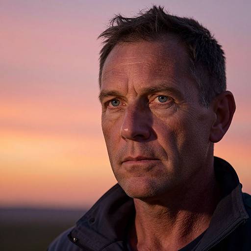 Photograph of a middle-aged man with short, dark hair, blue eyes, and a serious expression, against a pink and orange sunset background. He