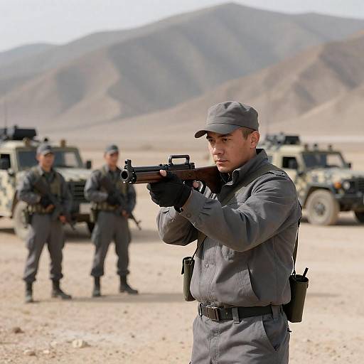 Soldier aiming rifle in desert landscape