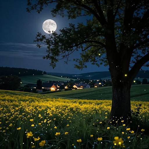 Moonlit night scene with a full moon, glowing yellow wildflowers, a dark tree, and illuminated countryside houses in the background.