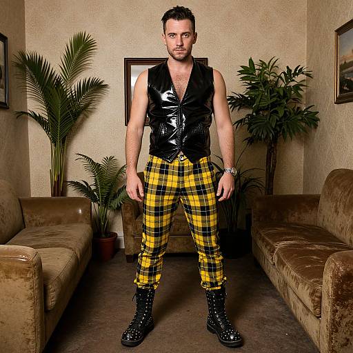 Photograph of a muscular man with short dark hair, wearing a black shiny vest, yellow plaid pants, black boots, standing in a room with