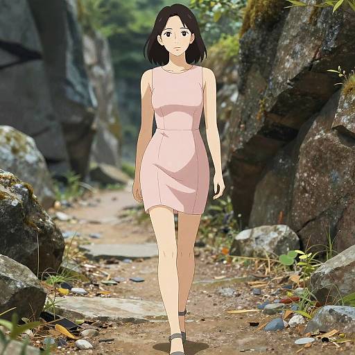 Anime Woman in Pale Pink Dress on Hiking Trail