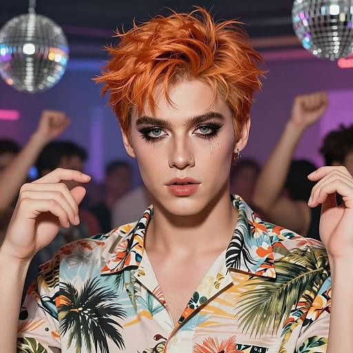 Photograph of a fair-skinned, short, bright-orange-haired woman with striking black eyeliner, wearing a colorful, tropical-patterned shirt, posing