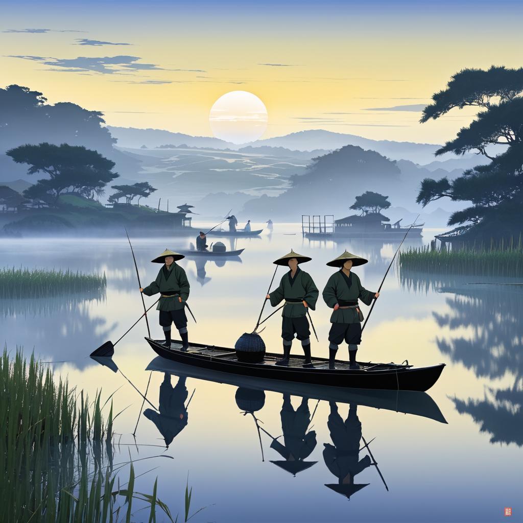 Fishermen at Dawn in Misty Landscape