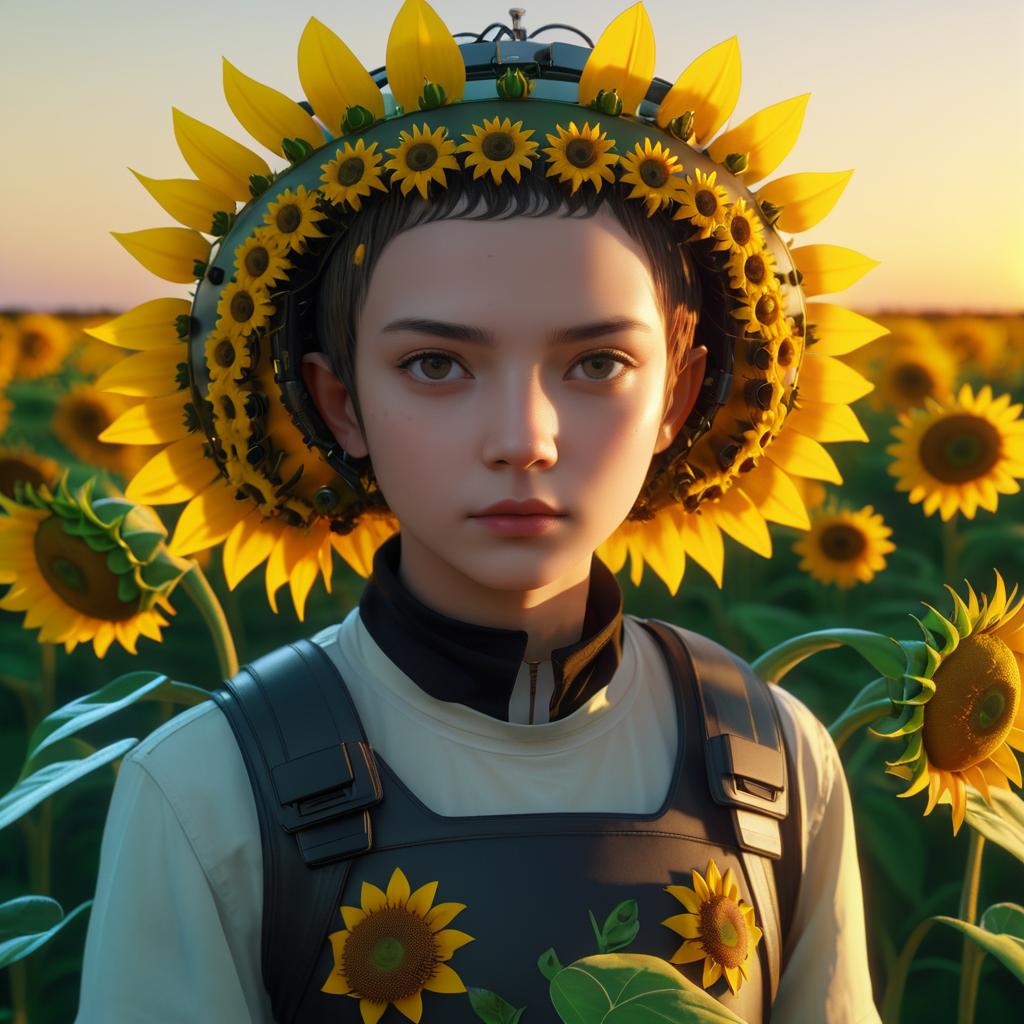 Serious Young Robotsquid Surrounded by Sunflowers