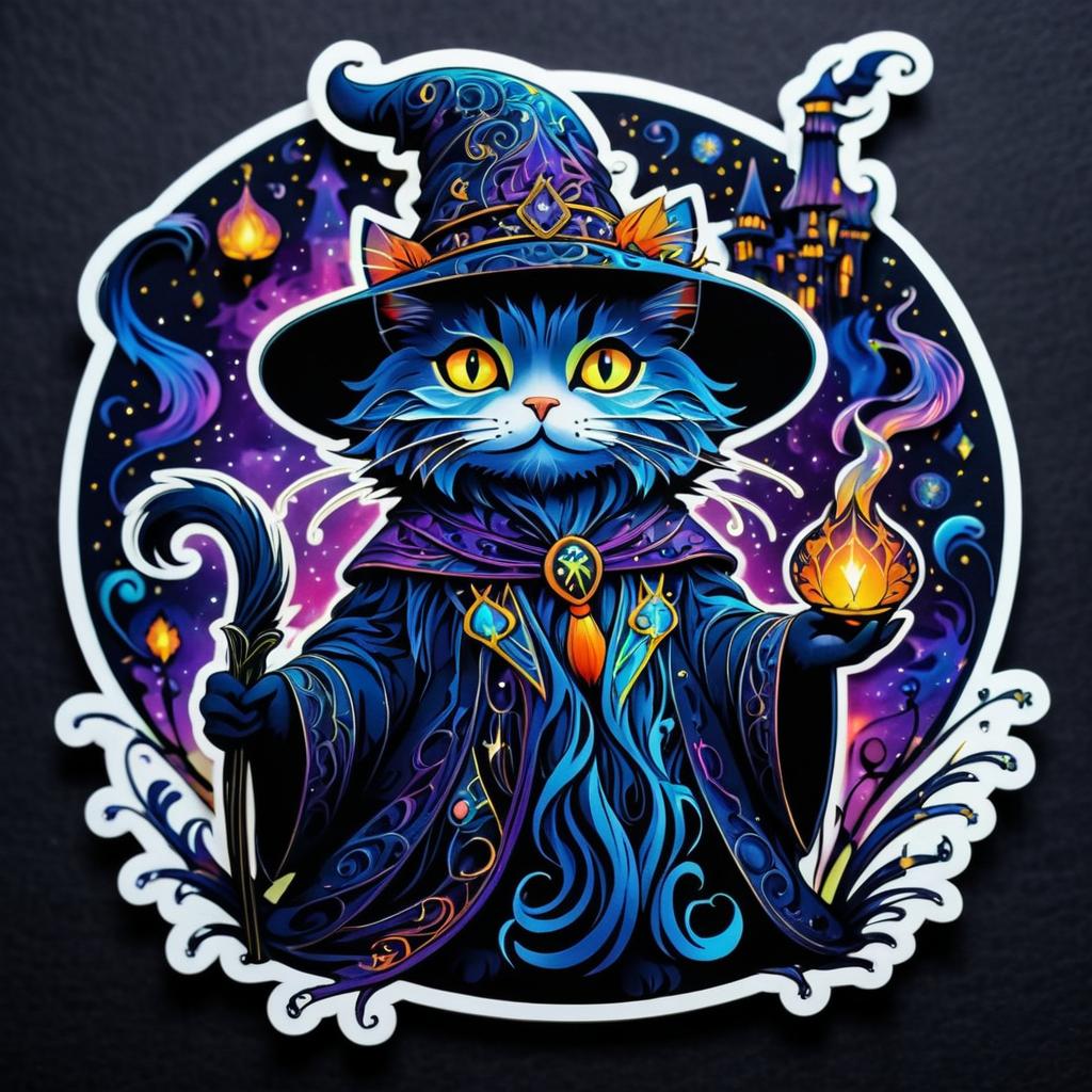 Whimsical Wizard Cat Sticker Design