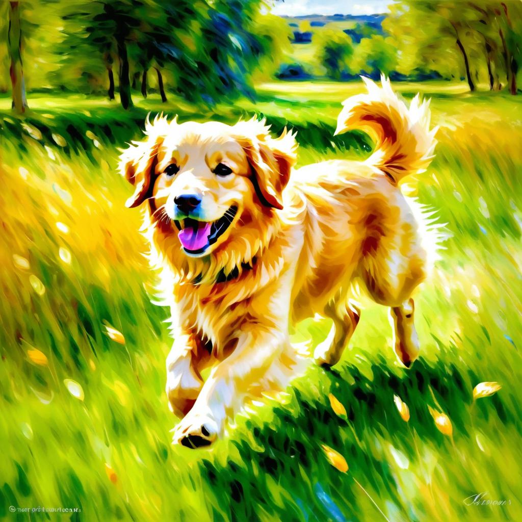 Joyful Golden Retriever in Impressionist Meadow