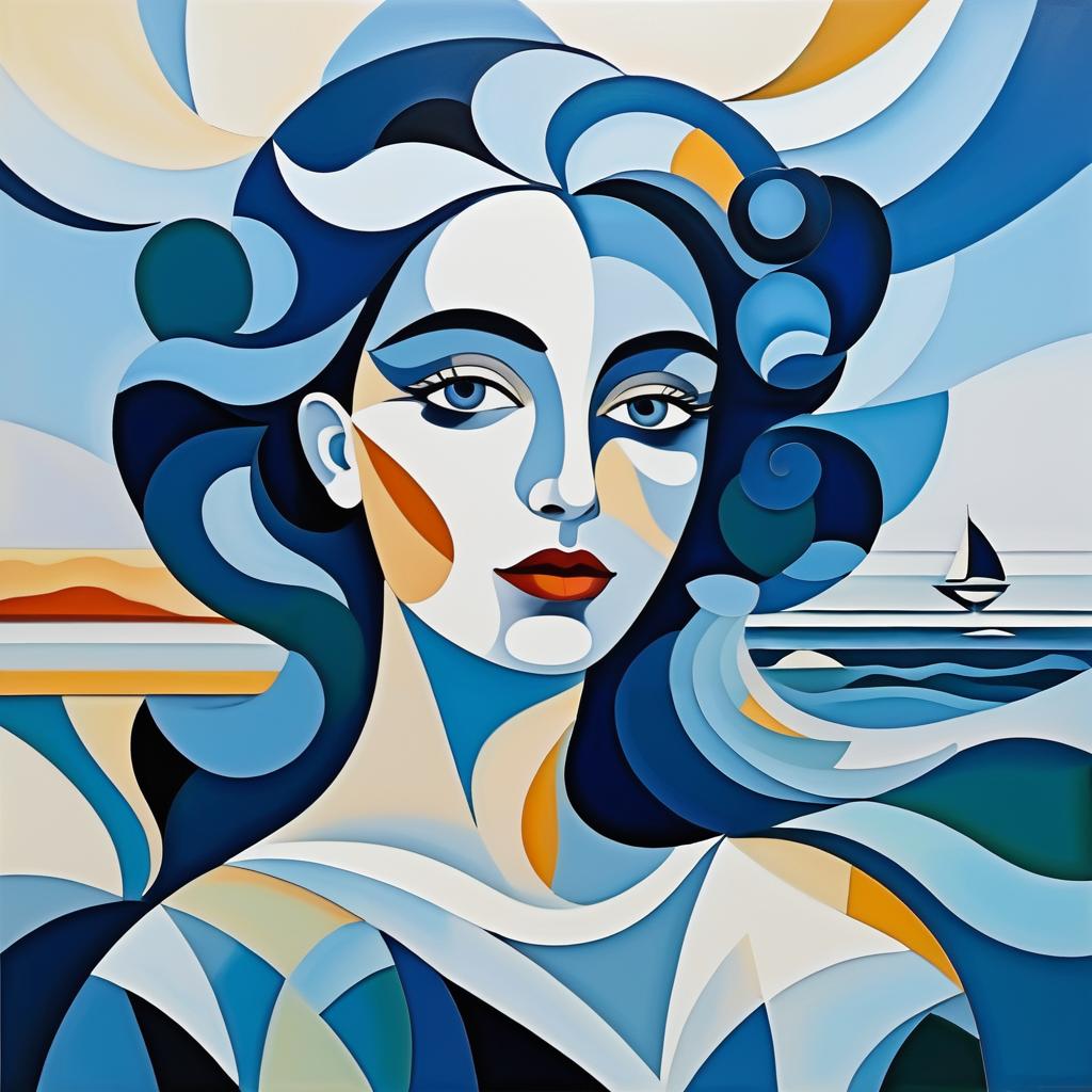 Cubist Woman in Abstract Ocean Landscape