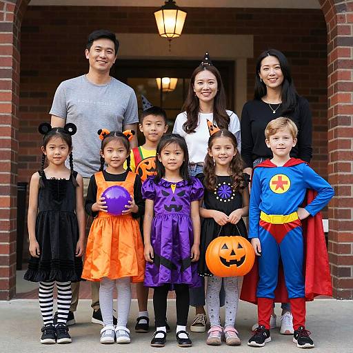 Photograph of a multicultural family in Halloween costumes, standing in a brick archway. Children wear various outfits including superheroes and witches, with a smiling mother