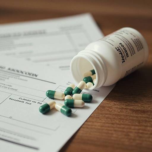 Photograph of an overturned white pill bottle spilling green and white capsules onto a paperwork-laden wooden table.