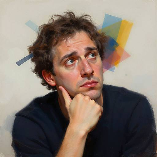 Digital portrait of a young man with curly brown hair, blue eyes, and a contemplative expression, resting his chin on his hand. Background features abstract