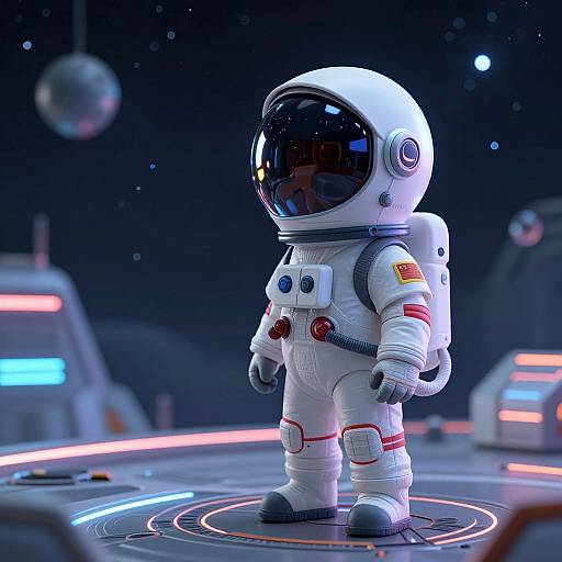 CGI image of a cute, cartoon-style astronaut with a large black visor, standing on a neon-lit space station floor.