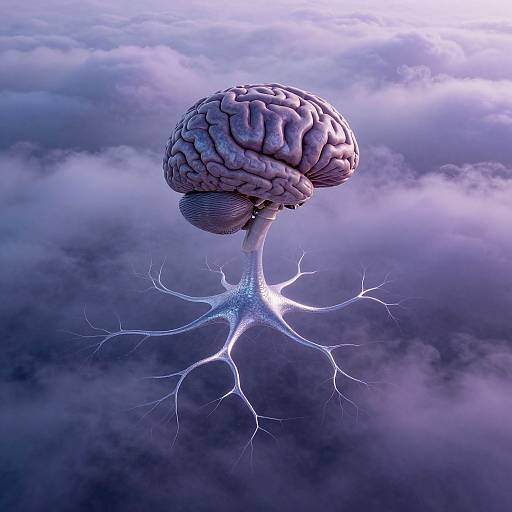 CGI image of a floating, detailed human brain with intricate roots, set against a purple and blue cloudy sky background.